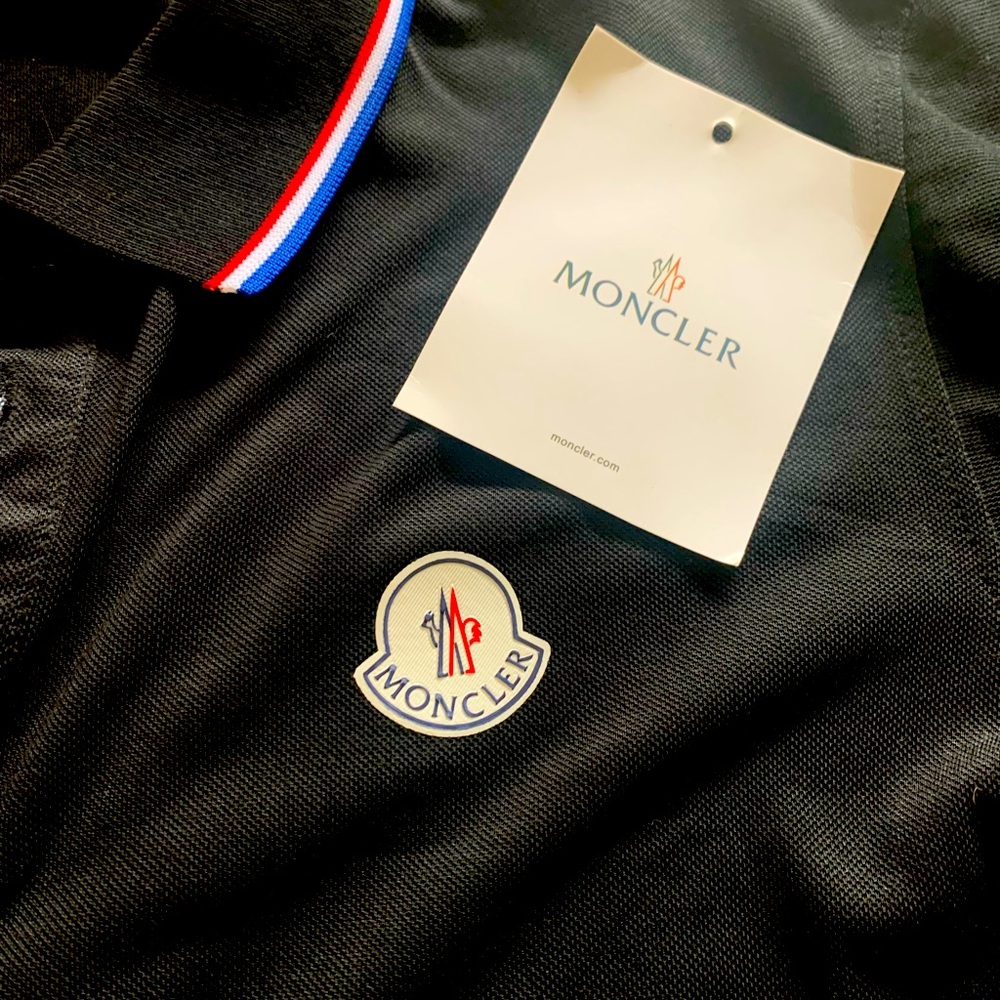 Black Moncler Men’s Polo with red,white and blue trim